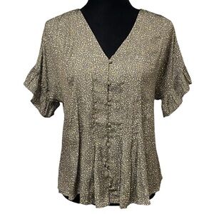 Dolan Green Satin Blouse XS Flutter Sleeve Button Front Boho Ruffle Festival Top